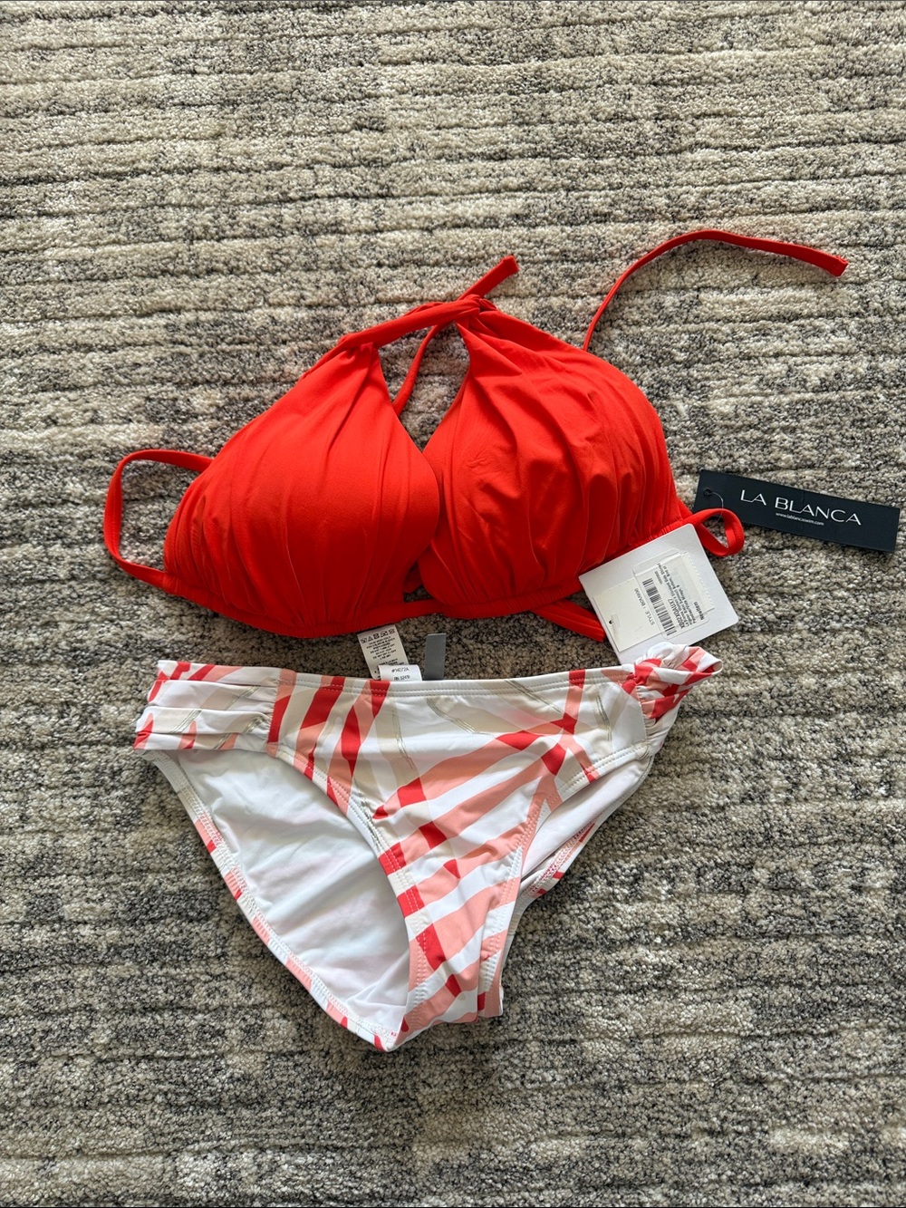 La Blanca Red Halter Bikini Set with Printed Bottoms